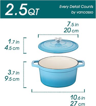 Чавунна сковорода Vancasso, чавунна каструля з кришкою, емальоване покриття об&39ємом 5 л, індукційна каструля, каструля, чавунна сковорода для всіх типів плит, підходить для індукції, кругла, кремово-біла, 5 л біла (синя, 20 см)