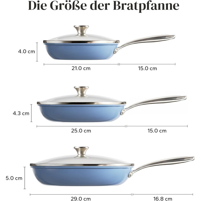 Набор индукционных сковородок со стеклянными крышками, 6 предметов 20, 24, 28 см, синий Redchef