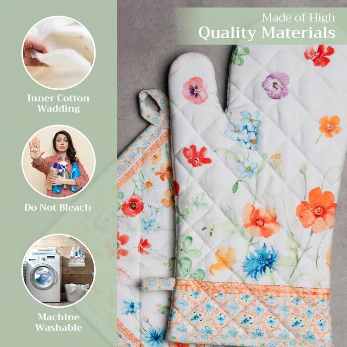 Рукавички для духовки Maison d&39 Hermine, Прихватки для каструль, 100 бавовна, термостійкі кухонні рукавички, рукавички для духовки (19 x 33 см) та прихватки для каструль (20 x 20 см) для приготування їжі, Morzine - Рукавички для духовки (19 x 33 см) та 