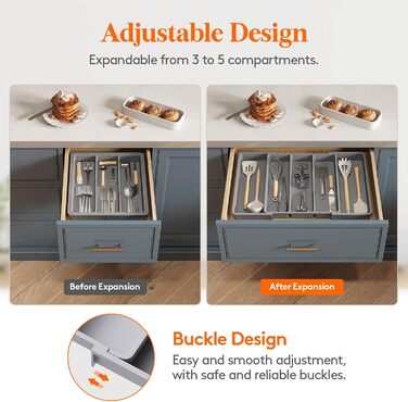 Органайзер для столових приборів 57 х 38 см для шухляд , 5 відділень, сірий Lifewit