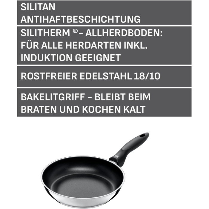 Сковорода індукційна 24 см, нержавіюча сталь з антипригарним покриттям, стійка до корозії, з пластиковою ручкою, підходить для всіх типів плит, витримує температуру в духовці до 70C, для делікатного смаження Сковорода 24 см