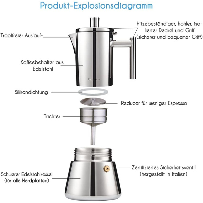 Кавоварка для плити на 6 чашок, 300 мл еспресо, срібляста Diego Easyworkz