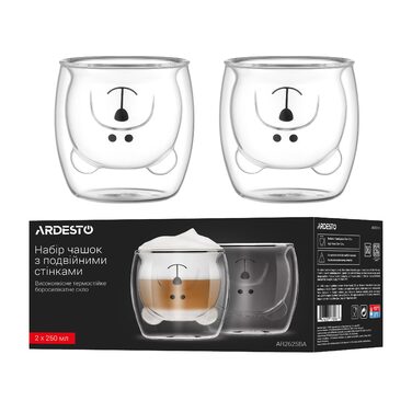 ARDESTO Набор чашек с двойными стенками Animals, 250мл, 2шт, боросиликатное стекло, прозрачный