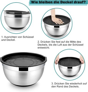 Миска для змішування Herogo, набір салатниць з нержавіючої сталі з 5 предметів із чорною кришкою та нековзною силіконовою основою, набір металевих мисок для випічки, нержавіючої та посудомийної машини (4.5/2.7/1.5/1.2/0.7 л) Чорний 5