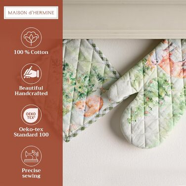 Рукавички для духовки Maison d&39 Hermine, Прихватки для каструль, 100 бавовна, термостійкі кухонні рукавички, рукавички для духовки (19 x 33 см) та прихватки для каструль (20 x 20 см) для приготування їжі, Morzine - Рукавички для духовки (19 x 33 см) та 