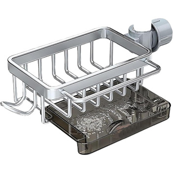 Тримач для губки для кухонного змішувача - Багатофункціональний органайзер для раковини Кошик для зберігання губок, рушників для посуду та щіток Міцний дизайн з алюмінію та ABS-пластику Ідеально підходить для зберігання у ванній кімнаті (сріблястий)