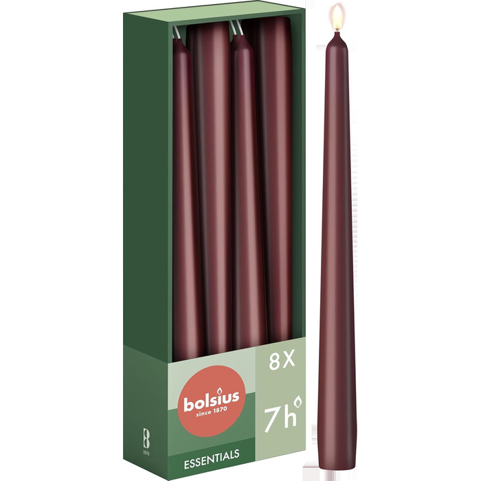 Свічки Bolsius Smooth Taper - Зелені - Набір з 4 шт. у коробці - Декоративні побутові свічки - Час горіння 7 годин - Без запаху - Натуральний рослинний віск - Без пальмової олії - 24,5 см Зелені 4 шт. и (Бордо-червоні, 8 шт. )