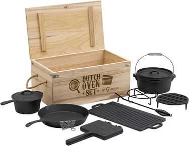 Набір голландської духовки барбекю-Торо в дерев'яній коробці, чавун, попередньо приправлений, набір гриля з голландською духовкою, дерев'яна коробка, сковорода, каструля, сковорода, підставка, підйомник кришки (10 предметів)