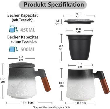 Кружка с крышкой и ситечком, 500 мл черно-белая Zens