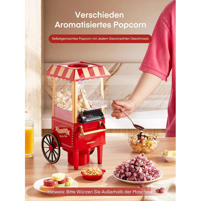 Машина для попкорну 3,5 л у вигляді візка, 1200 Вт, червона HOUSNAT