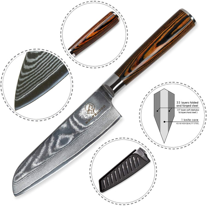 Нож сантоку 13 см, дамасская сталь Wolfblood