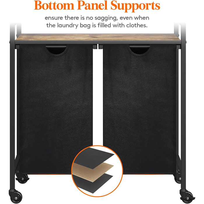 Сворачиваемая корзина для белья Lifewit, 95 л 2 выдвижные корзины для белья с верхней полкой и 2 семными сумками и ручками, сортировщик белья для прачечной, спальни, ванной комнаты и общего номера, черный 76x33,5x78 см Деревенский коричневый черный