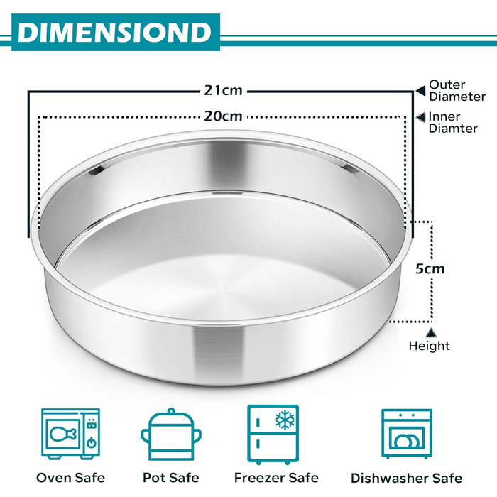 Большая форма для выпечки 20,3 см, нержавеющая сталь Herogo, круглая форма для выпечки, набор из 3 шт., слоеная форма для торта, формы для подноса на день рождения, глубина 5 см и бесшовный дизайн, прочный и пригодный для мытья в посудомоечной машине 20 с