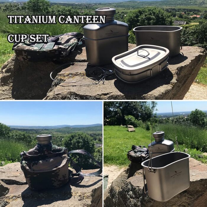 Титанова їдальня Кемпінговий посуд Кружка Військова пляшка для води Набір чашок для їдальні на відкритому повітрі Надлегкий набір для приготування їжі Столовий посуд Нирковий чайник Пляшка для води 1100 мл 750 мл 400 мл (Ti2048C-750 мл 400 мл Набір чашок)