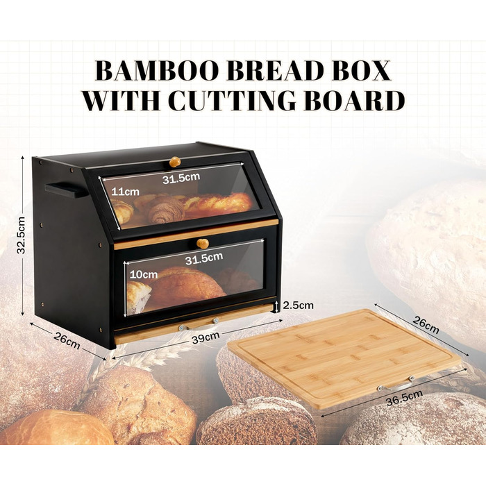 Хлібниця з обробною дошкою з бамбука чорна 39 x 26 x 32,5 см YOUDENOVA