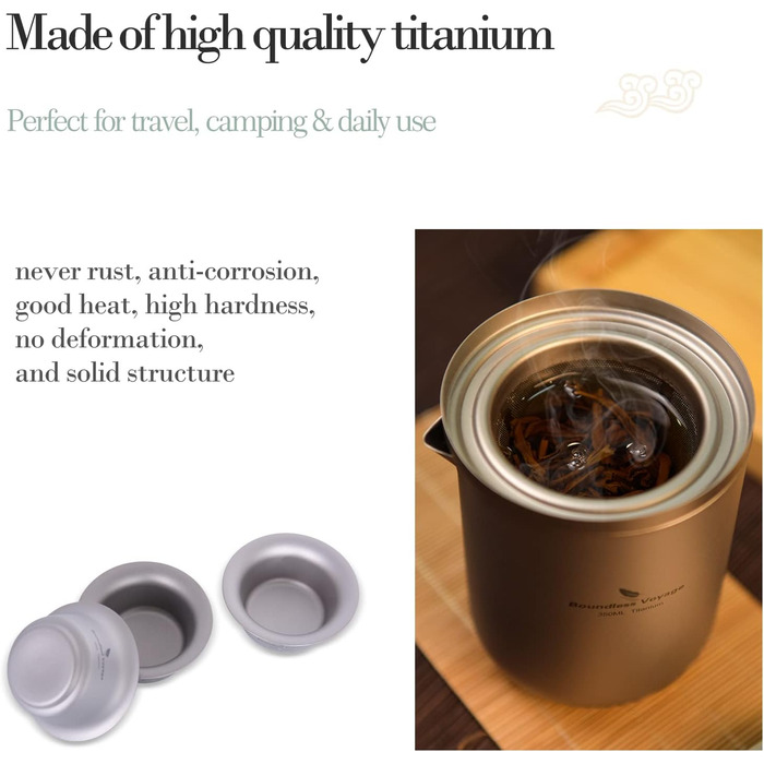 Титановий чайний набір, чайниця з ситечком для чаю та 3 міні-чашки 40 мл iBasingo