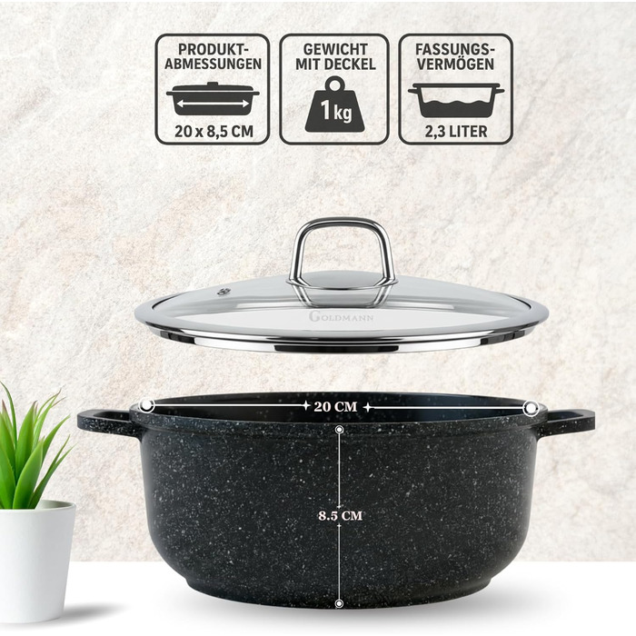 Каструля/горщик GOLDMANN з антипригарним покриттям та скляною кришкою, 6,5 л, мармурове керамічне покриття, для всіх варильних поверхонь, екологічно чиста (20 см)