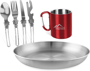 Набір вуличного посуду Normani, що складається з тарілки, чашки та столових приборів із 5 предметів із відкривачкою для пляшок із нержавіючої сталі відкритий, кемпінговий, туристичний (червоний)