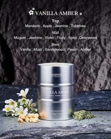 Ароматичні свічки M&SENSE з натурального соєвого воску, натуральна соєва свічка для домашнього декору, тривалий час горіння до 70 годин, класні подарунки-свічки для чоловіків та жінок (320 г, ванільно-бурштиновий)