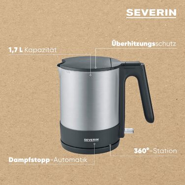 Чайник SEVERIN, потужний і компактний чайник з нержавіючої сталі у високоякісному дизайні, електричний чайник з фільтром від накипу, нержавіюча сталь/чорний, WK 3409, одинарний