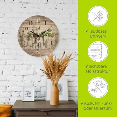 Настінний декор ARTLAND настінний годинник з дерева без цокання безшумний круглий Ø 30 см кухонний годинник кава капучино круасан T5XO Капучино та круасан (трави у пляшечках, кварцовий годинник)