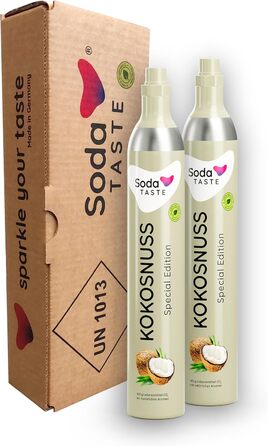 Набір із 2 змінних балонів CO2 SodaTASTE (змінний) для газованок, з натуральним м&39ятним смаком, без сиропу, для приготування до 120 л ароматизованої газованої води, без цукру (УВАГА потрібні 2 порожні балони) (Кокос)