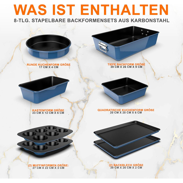 Набір форм для випічки NutriChef - Набір із 8 антипригарних форм для випічки - Без PFOA, PFOS, PTFE, придатний для використання в духовці до 232C - Кругла форма для випічки, форма для хліба, форма для мафінів та деко, придатний для миття в посудомийній ма