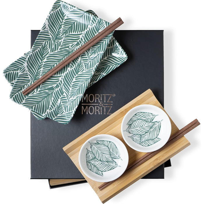 Набор посуды для суши на 2 персоны - Сервировочный набор для суши с 2 тарелками для суши, мисками для соуса и палочками для еды (зеленые листья), 10 шт.