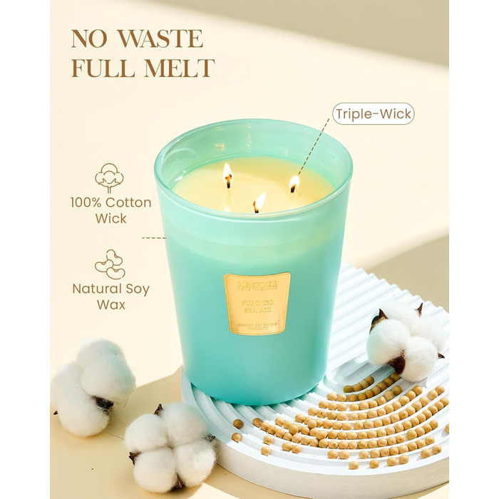 Ароматична свічка M&SENSE надзвичайно велика, час горіння 150 годин, натуральна ароматерапевтична свічка з 3 гнітами, сильний аромат, тривале горіння, подарункова свічка та прикраса для дому, подарунки для жінок (990 г, літній морський бриз)