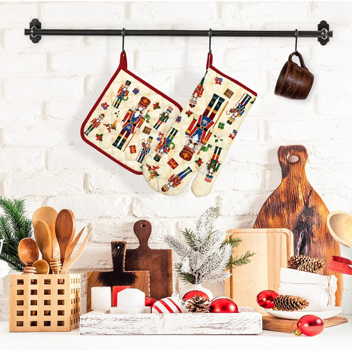 Набір з 2 кухонних рукавичок та тримача для каструлі Arquiel Gnome Autumn Orange Checked, 100 бавовняні кулінарні рукавички, термостійкі кухонні рукавички для приготування їжі, осінній декор, подарунки для жінок (різдвяний Лускунчик, духовка тримач для ка