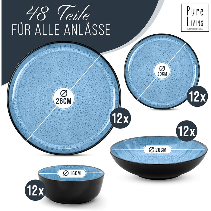 Керамогранітна глибока тарілка ТЕСТ ДУЖЕ ХОРОШИЙ Серія Ibiza Тарілки для макаронів Noble, тарілки для супу Deep стильні тарілки для пасти 6 персон - Набір посуду 6 персон, обідні тарілки, набір посуду Black With (набір із 48 предметів, темно-синій), 6 шт.