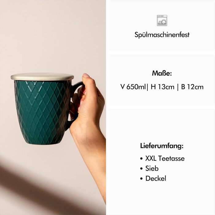 Чашка для чаю 650 мл з ситечком та кришкою, темно-зелена KIVY