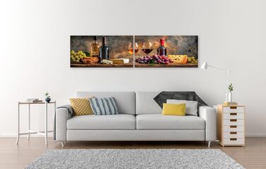 Друк на полотні Сільський натюрморт з пляшками вина, келихами, виноградом, сиром, хлібом на дерев&39яному столі Картини Настінний художній постер (полотно 160x40 см - 2 частини)