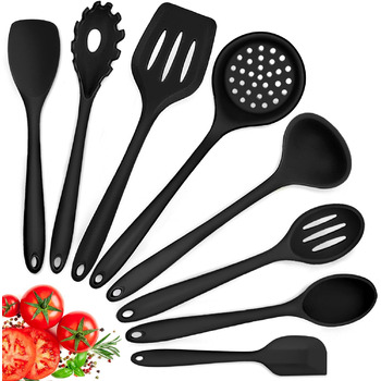 Набір кухонних гаджетів Herogo, силіконовий набір столових приборів для приготування їжі з 8 предметів, антипригарний термостійкий набір кухонного посуду з силіконовою лопаткою/ложкою/перевертачем/ополоником - чорний