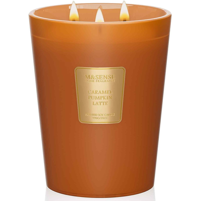 Ароматична свічка M&SENSE надзвичайно велика, час горіння 150 годин, натуральна ароматерапевтична свічка з 3 гнітами, сильний аромат, тривале горіння, подарункова свічка та прикраса для дому, подарунки для жінок (990 г, карамельний гарбуз)
