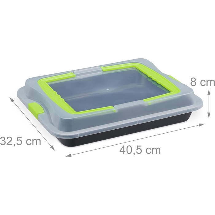 Деко для випікання з кришкою Relaxdays, ящик для транспортування тортів 3-в-1, ШxГ 40,5x32,5 см, високий бортик, прямокутне деко для тортів, (зелене)