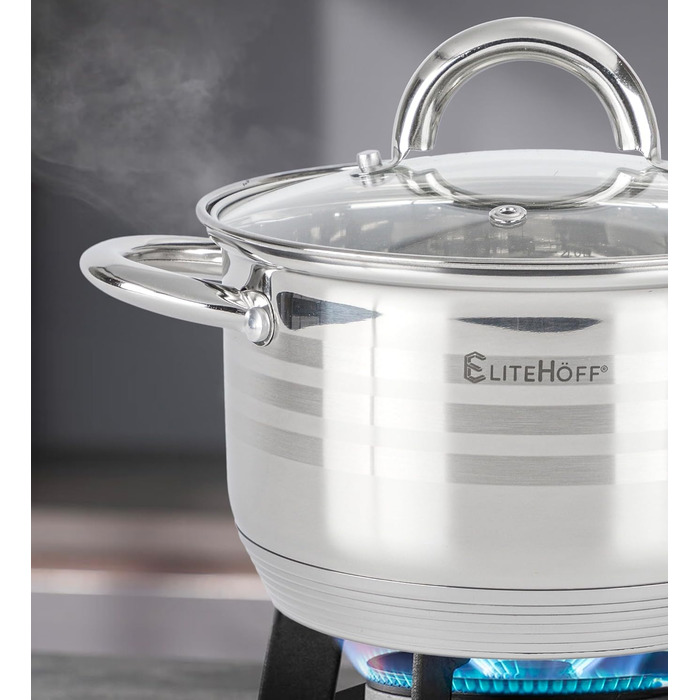 Набор из 3 кастрюль из нержавеющей стали со стеклянными крышками, 6 предметов E-4303 EliteHoff