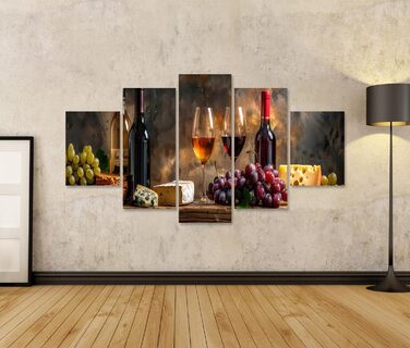 Друк на полотні Сільський натюрморт з пляшками вина, келихами, виноградом, сиром, хлібом на дерев&39яному столі Картини Настінний художній постер (полотно 170x80 см - 5 частин)