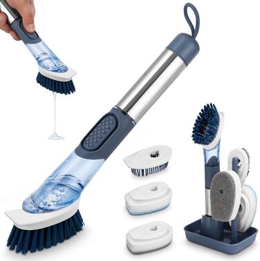 Щетка для посуды с дозатором для моющего средства с 4 сменными головками и держателем LEAZZLE