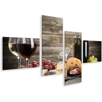 Картина Islandburner на полотні, натюрморт з вином та сиром перед дерев&39яними настінними картинами, настінні картини, постер (полотно 150x80 см - 4 частини)