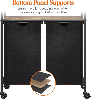Сворачиваемая корзина для белья Lifewit, 95 л 2 выдвижные корзины для белья с верхней полкой и 2 семными сумками и ручками, сортировщик белья для прачечной, спальни, ванной комнаты и общего номера, черный 76x33,5x78 см Деревенский коричневый черный
