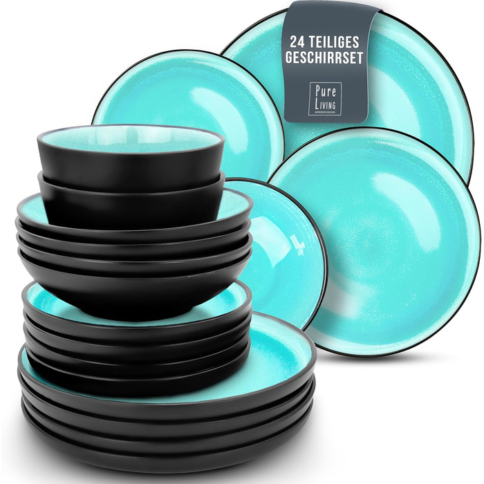Набор посуды из керамогранита на 6 персон, 24 предмета, черный/аквамарин Ibiza Pure Living