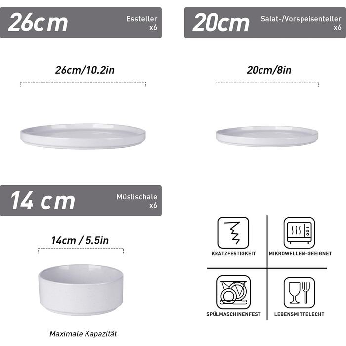 Набір посуду Richmount Nebula для 6 осіб, набір тарілок та мисок із 18 предметів, набір посуду з крапчастої кераміки, можна мити в мікрохвильовій печі та посудомийній машині, сервірування Nebula для 6 осіб (світло-сірий, сервірування Nebula для 6 осіб)