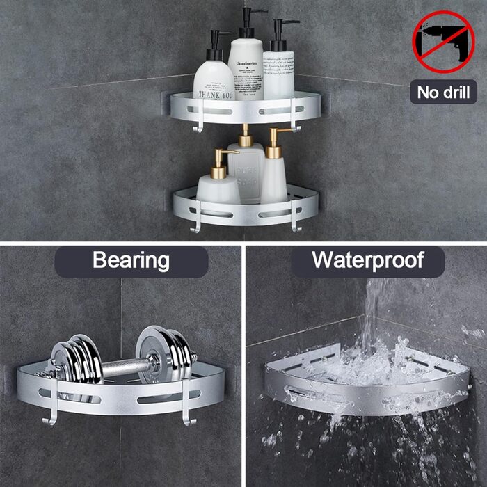 Полка для душа самоклеящаяся угловая, набор 2 предмета, серебристый матовый GERUIKE