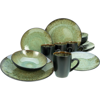 Серия CAPRI - Реактивная глазурь, набор посуды из 16 предметов, комбинированный керамогранит, можно мыть в посудомоечной машине и микроволновой печи, качественное производство (зеленый), 23630