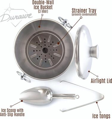 Ведро для льда 3 л с крышкой, совком и щипцами для льда Durawe Company