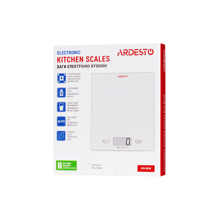 ARDESTO Ваги кухонні, 5кг, 2хААА в комплекті, скло, білий