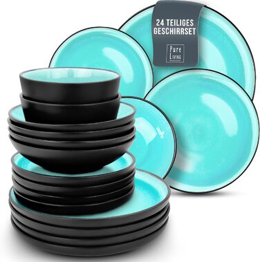 Набор посуды из керамогранита на 6 персон, 24 предмета, черный/аквамарин Ibiza Pure Living