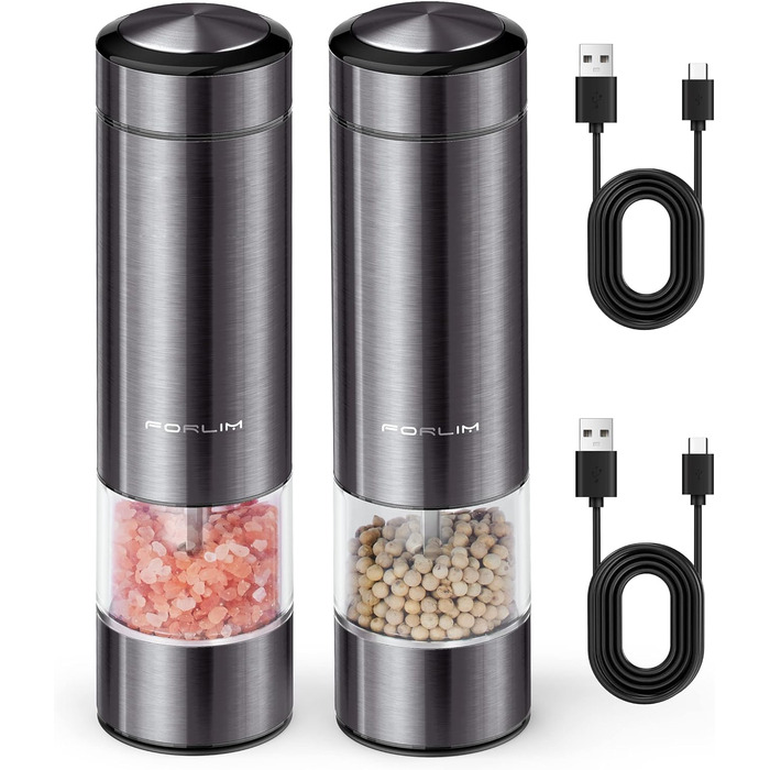 Млин для солі та перцю електричний з підзарядкою від USB, набір 2 предмети, металік FORLIM
