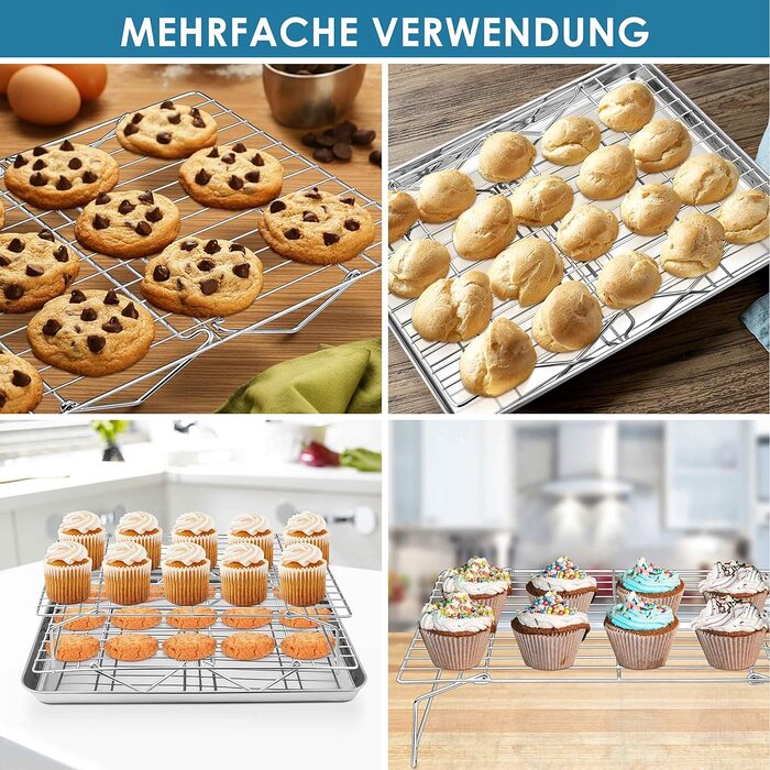 Охлаждающая решетка Herogo, 3-уровневый набор охлаждающих стоек из нержавеющей стали, прямоугольная решетка для охлаждения выпечки, идеально подходит для печенья, тортов, хлеба, 38x26 см, складная и штабелируемая, пригодная для мытья в посудомоечной машин